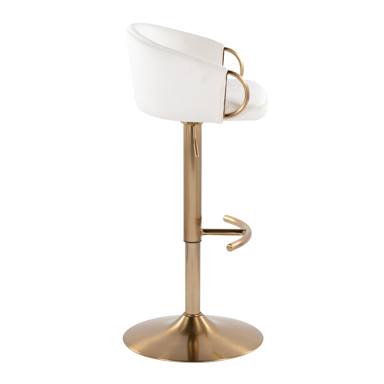 Contemporary Adjustable Barstool With Swivel In Gold Metal And Cream Velvet With Rounded T Footrest Set Of 2