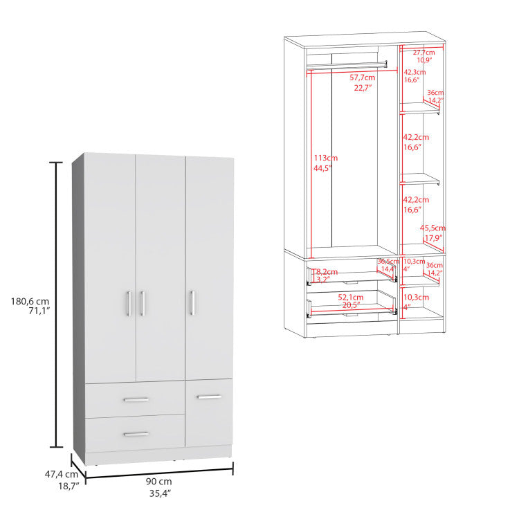 Sebree 71" High Armoire Wardrove Closet With 2 Drawers, Four Doors , Three Cabinet , Six Shelves And Hanging Rod, Bedroom Clothes Storage Cabinet Organizer White