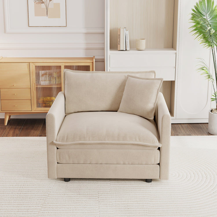 Comfy Deep Single Seat Sofa Upholstered Reading Armchair Living Room Chair Light Coffee Chenille Fabric , 1 Toss Pillow