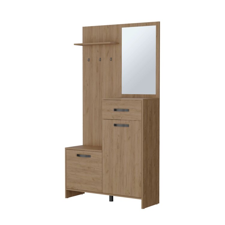 Natural Oak Hall Tree Multistorage With 1 Mirror And Adjustable Legs