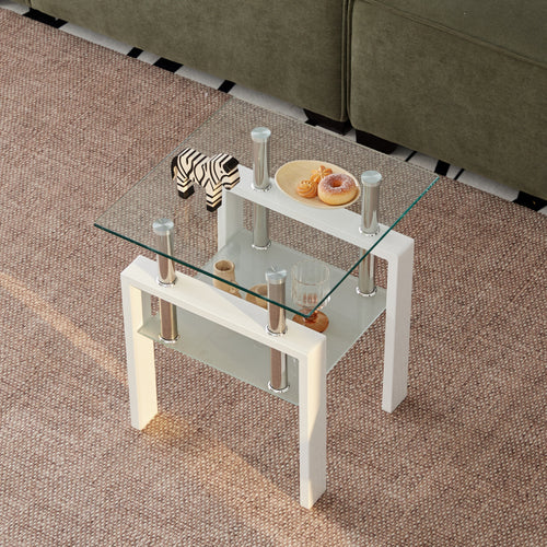 2 Pieces White Tempered Clear Glass End Table, 2 Layers Small Table With Storage, Living Room Side Table