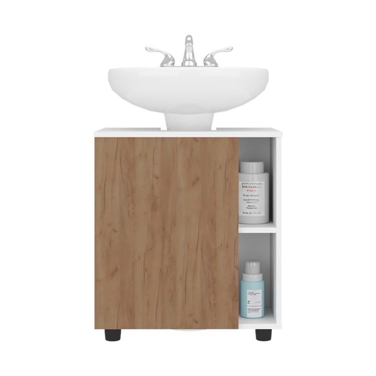 Pascuale Two Side Shelves Under Sink Cabinet With One Doors, Cut Out Back, Compact 22 Freestanging Bathroom Storage, White, Natural Oak