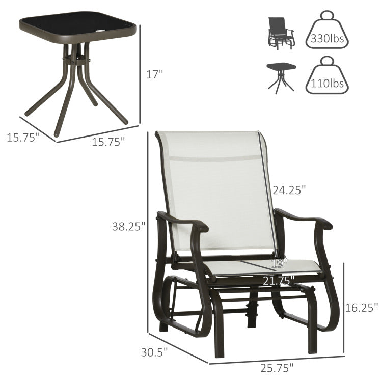 Outsunny 3 Piece Outdoor Gliders Set Bistro Set With Steel Frame, Tempered Glass Top Table For Patio, Garden, Backyard, Lawn, Cream White