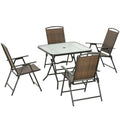 Outsunny 5 Pieces Wicker Patio Dining Set, Foldable Outdoor Table And Chairs, Wicker Furniture Dining Set With Umbrella Hole, Tempered Glass Table, Dark Brown
