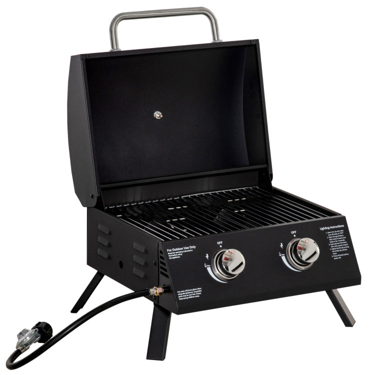 Outsunny 2 Burner Propane Gas Grill Outdoor Portable Tabletop Bbq With Foldable Legs, Lid, Thermometer For Camping, Picnic, Backyard, Black