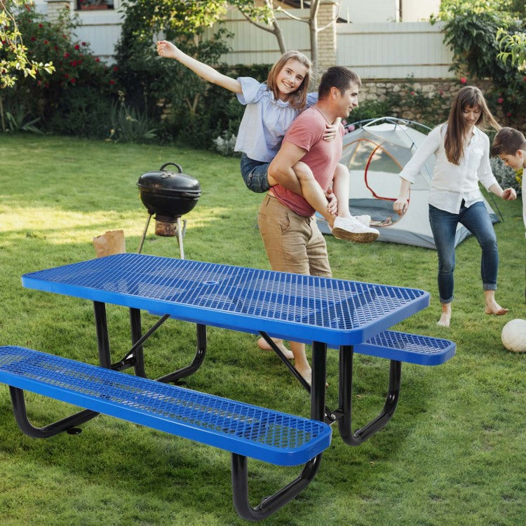 6 Ft. Rectangular Outdoor Steel Picnic Table With Umbrella Pole In Blue