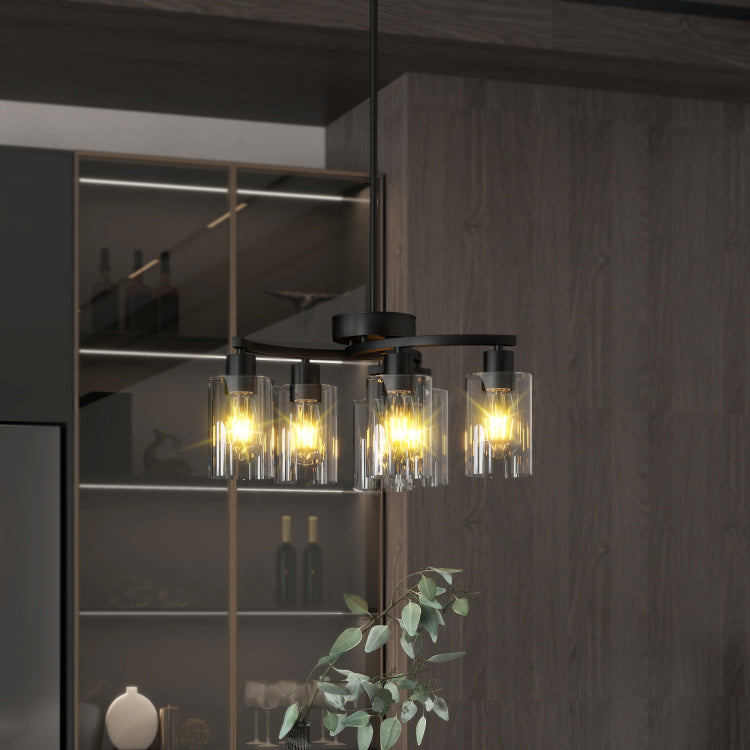 6 Light Modern Farmhouse Black Chandelier, Contemporary Dining Room Light Fixture, Adjustable Height Hanging Industrial Pendant Lights Kitchen Island, Clear Glass Shade