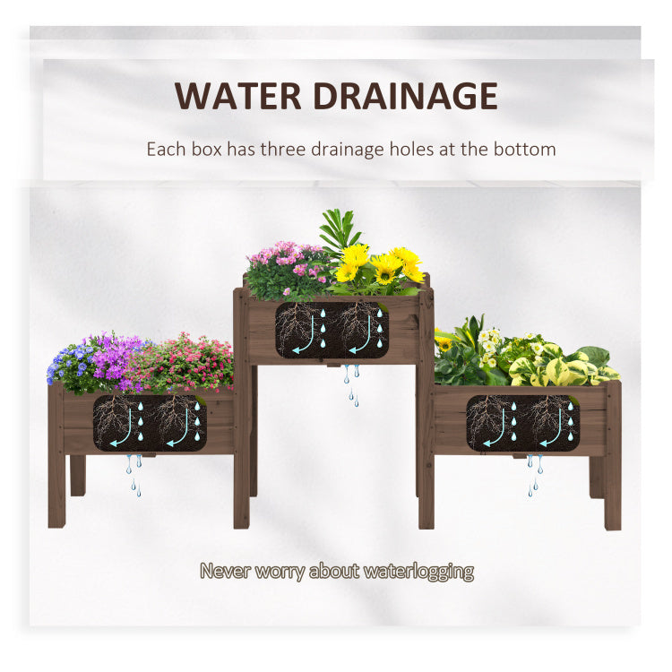 Outsunny Raised Garden Bed With 3 Planter Box, Elevated Wooden Plant Stand With Drainage Holes, For Vegetables, Herb And Flowers, Coffee