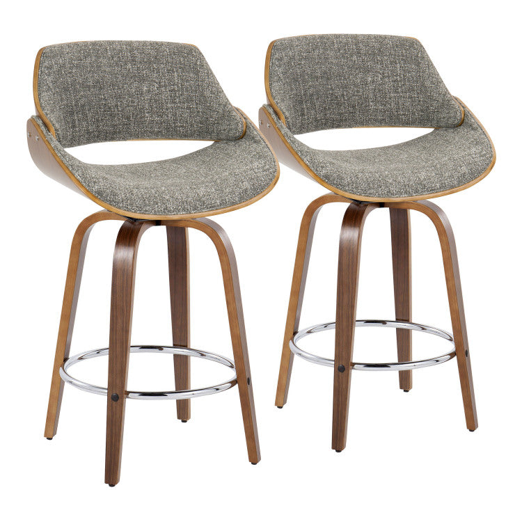 26" Mid Century Modern Fixed Height Counter Stool With Swivel In Walnut Wood And Noise Grey Fabric With Round Chrome Metal Footrest Set Of 2