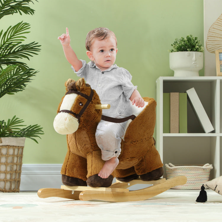 Qaba Baby Rocking Horse, Plush Animal Rocker With Sound, Wooden Base, & Safety Belt For Ages 18 36 Months, Brown