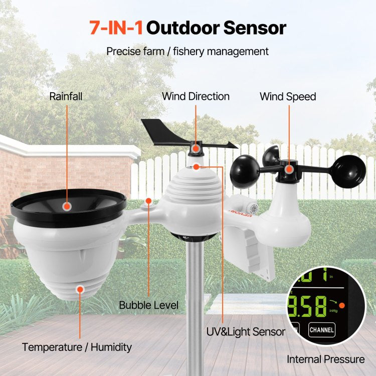 7 In 1 Wi Fi Weather Station, 7.5 In Color Display, Home Weather Station Indoor Outdoor, With Solar Wireless Outdoor Sensor Alarm Alerts, For Temperature Humidity Wind Speed Direction Rain