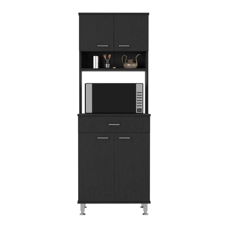 Pantry Cabinet 67" H, Four Doors, One Drawer, Three Internal Shelves, 2 External Storage Shelves, Microwave Storage Option, Four Legs, Black