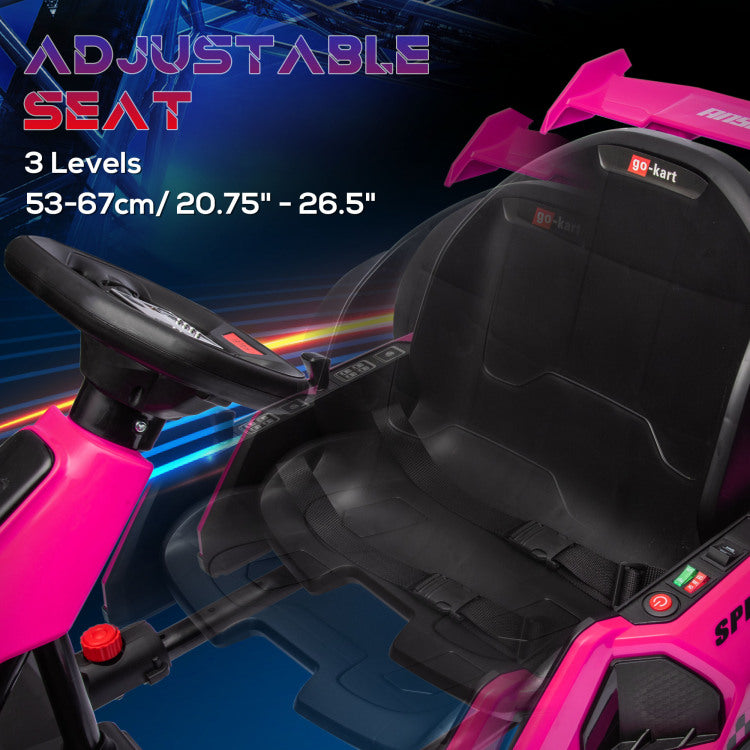 Aosom 24V 7.5 Mph Electric Go Kart With Adjustable Seat, Drifting Car Battery Powered Ride On Toy Outdoor With Slow Start, Button Start, Music, Honking Horn, Lights, For 6 12 Years Old, Pink