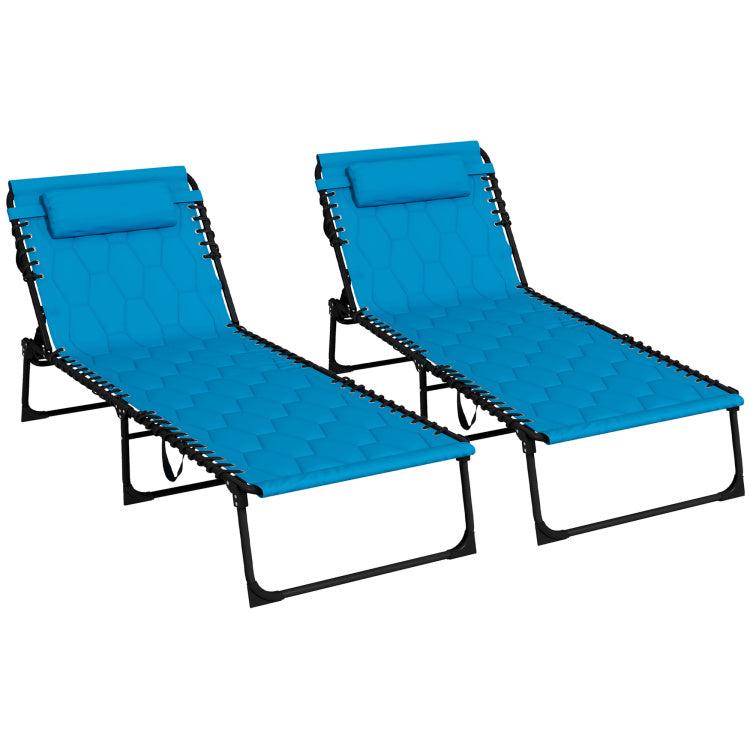 Outsunny Folding Chaise Lounge Set With 5 Level Reclining Back, Outdoor Lounge Tanning Chair With Padded Seat, Side Pocket & Headrest For Beach, Yard, Patio, Sky Blue
