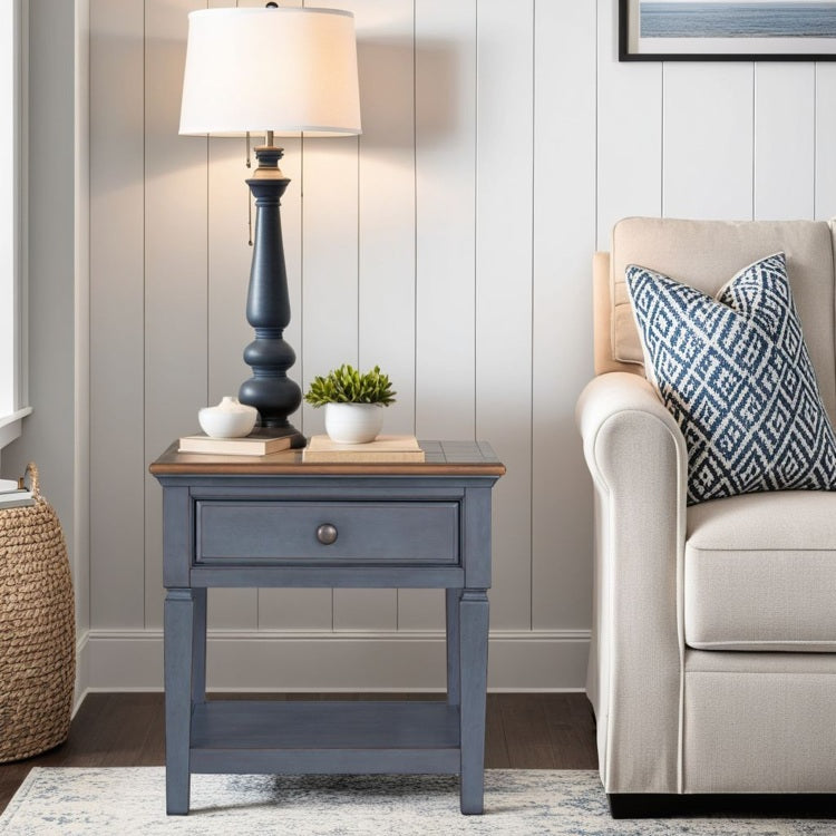 Americana 24 Inch End Table, Corduroy Blue Finish, Minimal Assembly Required
