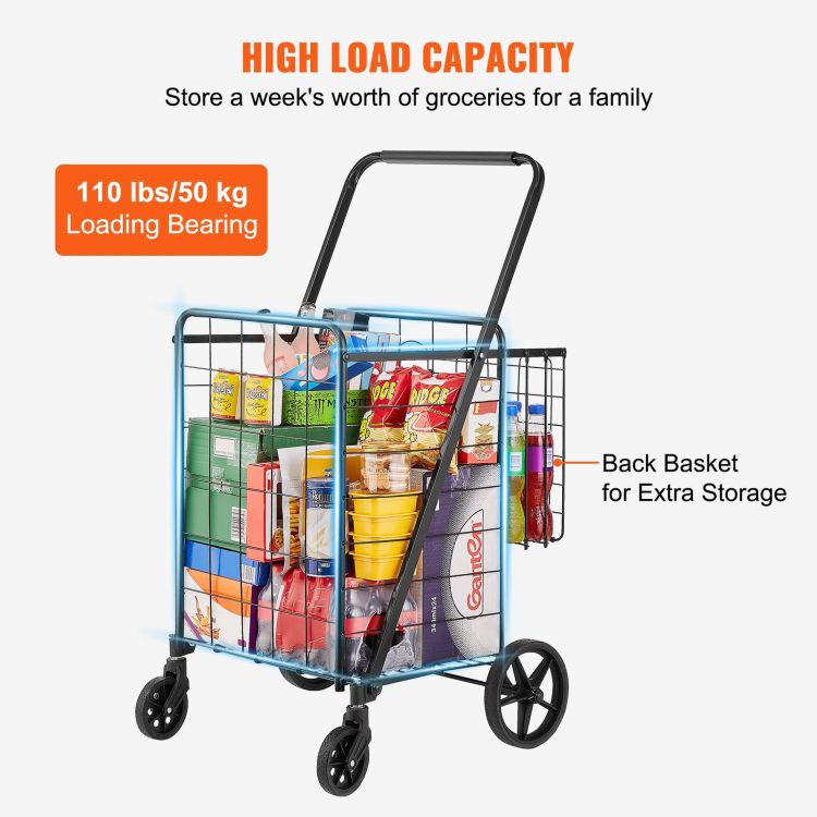 Folding Shopping Cart, Jumbo Grocery Cart With Double Baskets, 360 Swivel Wheels, Heavy Duty Utility Cart, 110 Lbs Large Capacity Utility Cart For Laundry, Shopping, Grocery, Luggage