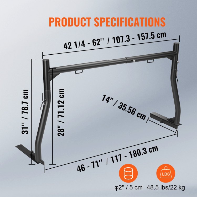 Truck Rack, 46 71Inch Extendable Truck Ladder Rack, 800 Lbs Capacity Steel Ladder Rack For Truck With Non Drilling J Bolts, Heavy Duty Truck Bed Rack For Kayak, Surfboard, Lumber, Ladder