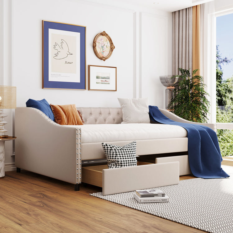 Upholstered Daybed With Two Drawers, Wood Slat Support, Beige, Full Size Old Sku :Lp001111Aaa