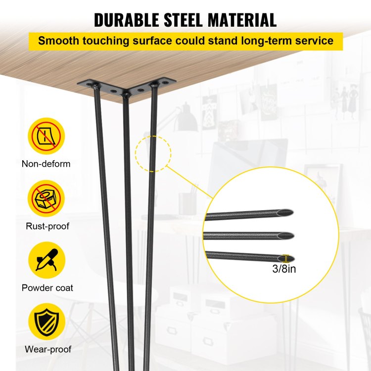 Hairpin Table Legs 34" Black Set Of 4 Desk Legs 880Lbs Load Capacity Each 220Lbs Hairpin Desk Legs 3 Rods For Bench Desk Dining End Table Chairs Carbon Steel Diy Heavy Duty Furniture Legs