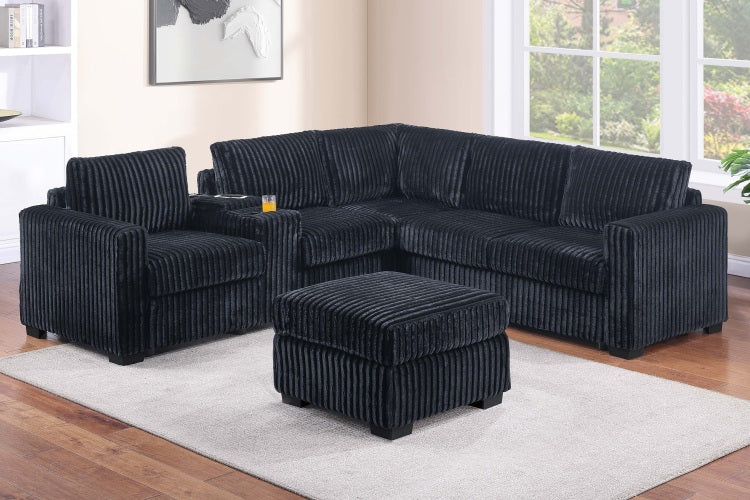 Contemporary Style L Shaped 4Pc Sectional Set Usb Cup Holder Loveseat Cushion Back Plastic Legs Cocktail Ottoman Square Arms Black Finish Primary Living Room