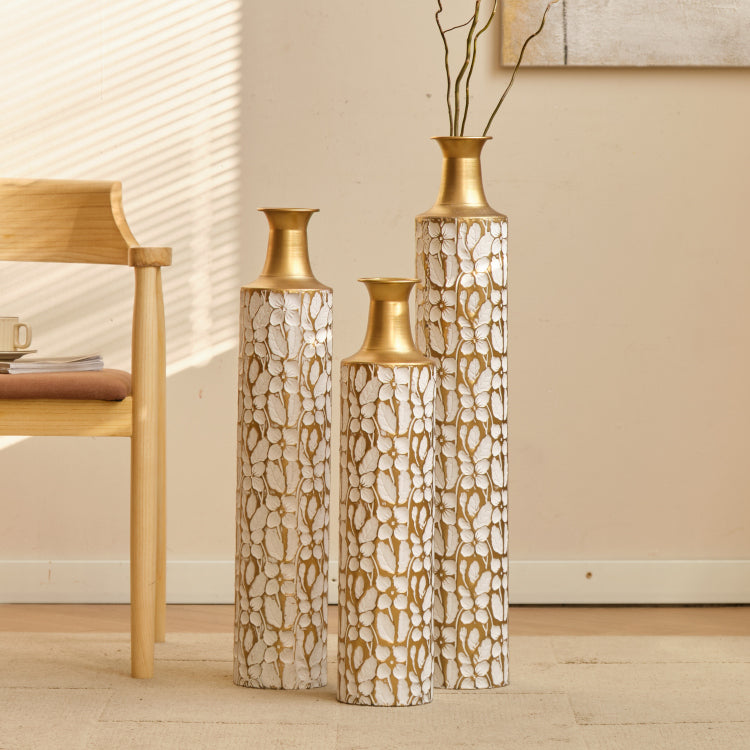 Decorative Metal Vases Set Of 3, 24 28 32.3 Inch Gold Leaf Pattern Floor Vases, White & Gold Tall Vases For Home Decor, Living Room Entryway Decor 5.31In Base Width