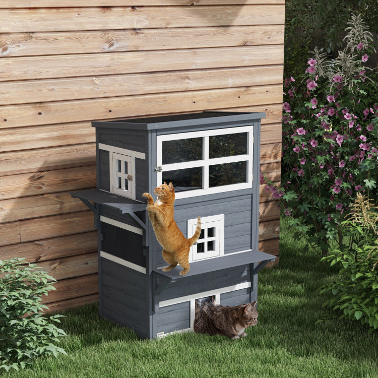Pawhut 3 Story Cat House Feral Cat Shelter, Outdoor Kitten Condo With Raised Floor, Asphalt Roof, Escape Doors, Jumping Platforms, Dark Gray