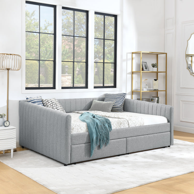 Queen Size Daybed With Two Drawers Trundle Upholstered Sofa Bed, With Vertical Stripes Linen Fabric, Grey 86.5"X65"X30"