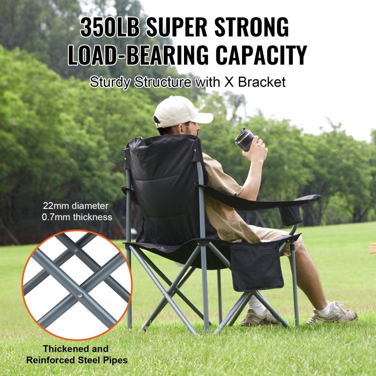 Camping Folding Chair For Adults, Portable Heavy Duty Outdoor Quad Lumbar Back Padded Arm Chairs With Side Pockets, Cup Holder And Cooler Bag For Beach, Lawn, Picnic, Fishing, Backpacking, Black