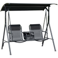 Outsunny 2 Seat Patio Swing Chair, Outdoor Canopy Swing Glider With Pivot Storage Table, Cup Holder, Adjustable Shade, Bungie Seat Suspension And Weather Resistant Steel Frame, Black