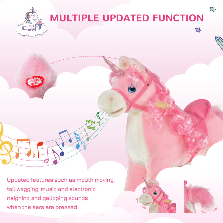 Qaba Rocking Horse, Kids Ride On Horse Unicorn Design With Wooden Base, Tail Wag & Sounds For Toddlers 3 6 Years Old, Pink