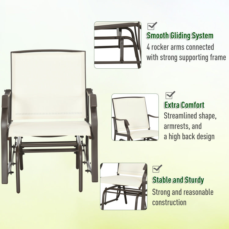 Outsunny 3 Piece Outdoor Glider Chair With Coffee Table Bistro Set, 2 Patio Rocking Swing Chairs With Sling Fabric, Glass Tabletop, For Backyard, Garden And Porch, Cream White
