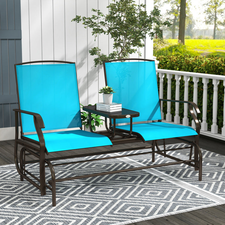 Outsunny Outdoor Glider Bench With Center Table, Metal Frame Patio Loveseat With Mesh Fabric And Armrests For Backyard Garden Porch, Blue
