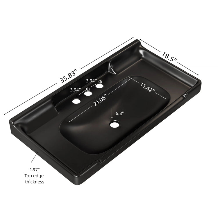 Vici 36" Bathroom Ceramic Basin With 3 Pre Drilled Hole, No Cabinet And Faucet, Black