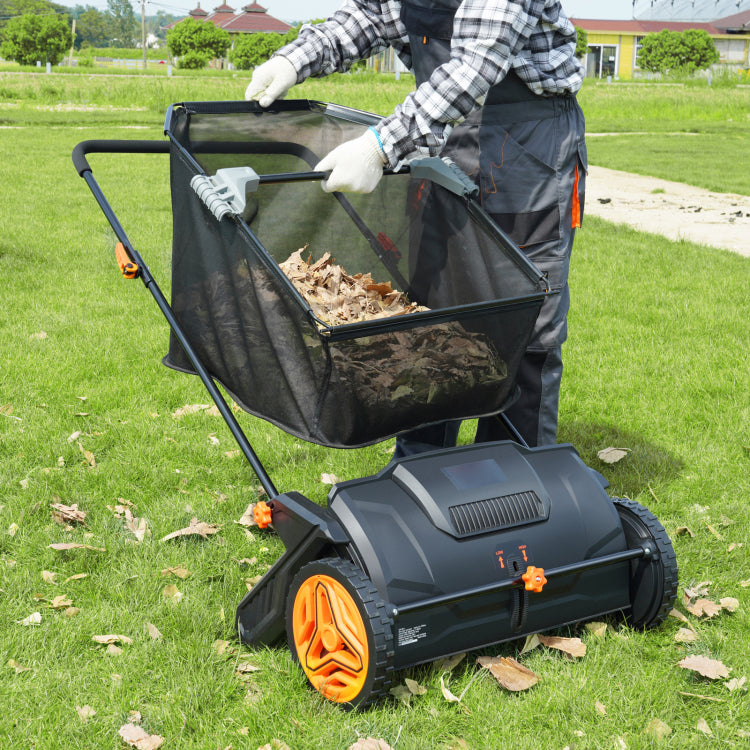Push Lawn Sweeper, 21 Inch Leaf & Grass Collector, Strong Rubber Wheels & Heavy Duty Thickened Steel Durable To Use With Large Capacity 3.5 Cu. Ft. Mesh Collection Hopper Bag, 2 Spinning Brushes