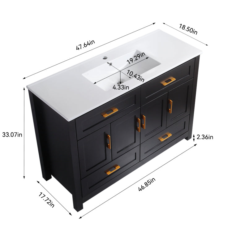 48" Black Bathroom Vanity With Ceramic Sink Combo, Abundant Storage Cabinet 4 Soft Close Doors And 4 Drawers