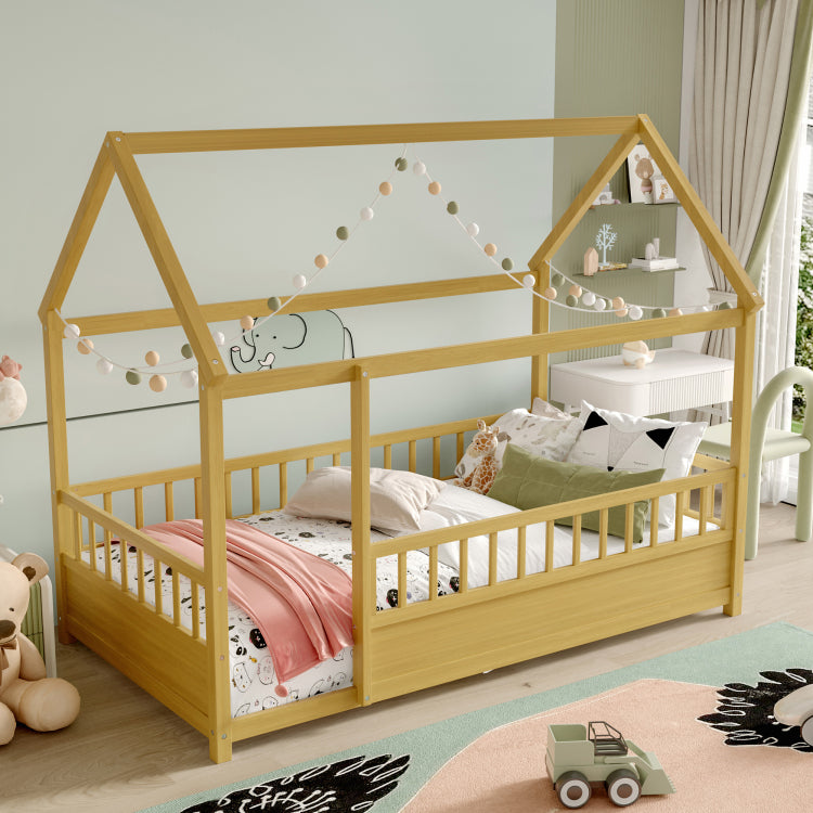 Twin Size Floor Wooden Bed With House Roof Frame, Fence Guardrails, Twin,Natural