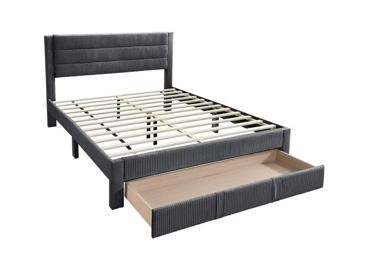 Luxury Contemporary Look 1Pc Full Size Bed W Storage Drawer Charcoal Corduroy Headboard Bedframe