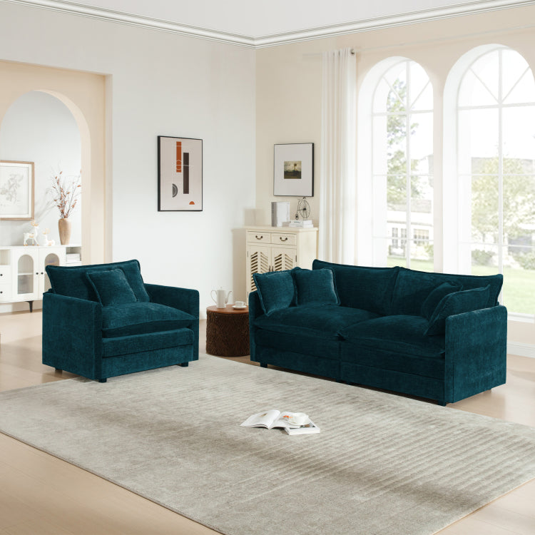 2 Seater Loveseat And Chair Set, 2 Piece Sofa & Chair Set, Loveseat And Accent Chair , 2 Piece Upholstered Chenille Sofa Living Room Couch Furniture 1 2 Seat ,Blue Chenille