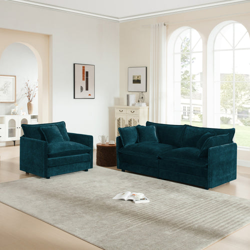 2 Seater Loveseat And Chair Set, 2 Piece Sofa & Chair Set, Loveseat And Accent Chair , 2 Piece Upholstered Chenille Sofa Living Room Couch Furniture 1 2 Seat ,Blue Chenille