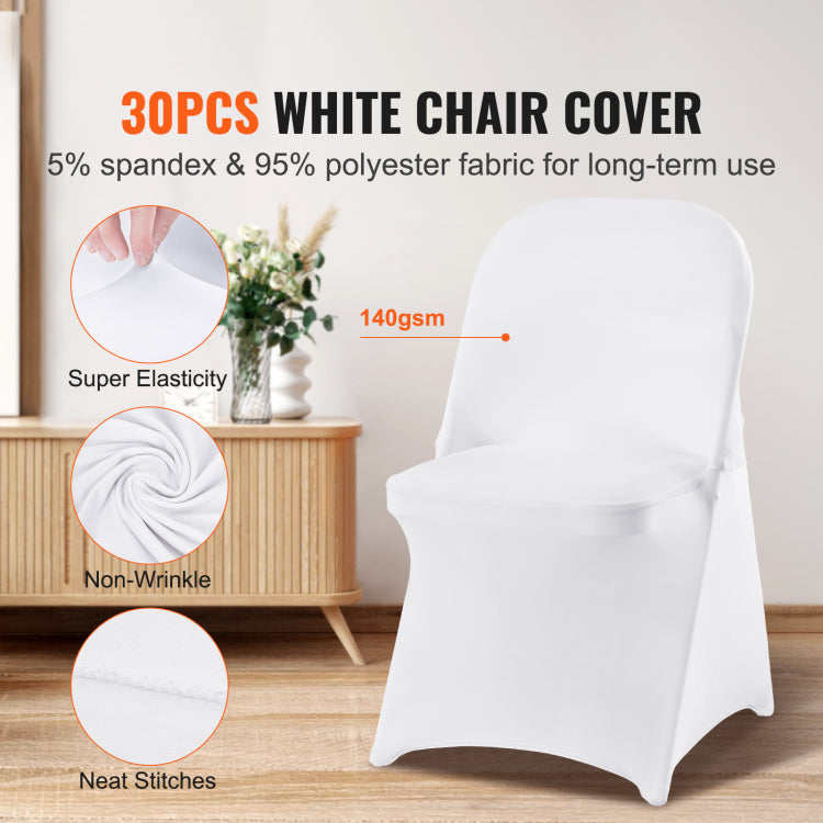White Stretch Spandex Chair Covers 30 Pcs, Folding Kitchen Chairs Cover, Universal Washable Slipcovers Protector, Removable Chair Seat Covers, For Wedding Party Dining Room Banquet Event