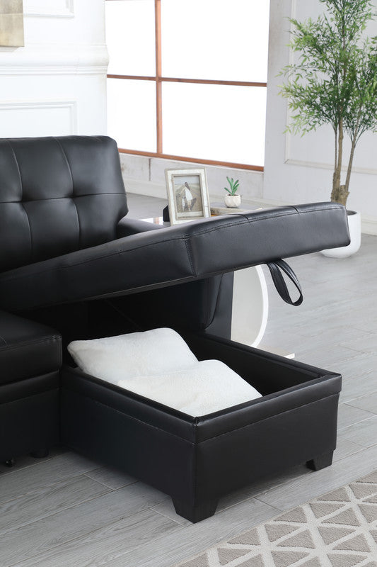 Jardin 84"W Black Vegan Leather Modern Reversible Sleeper Sectional Sofa With Storage Chaise