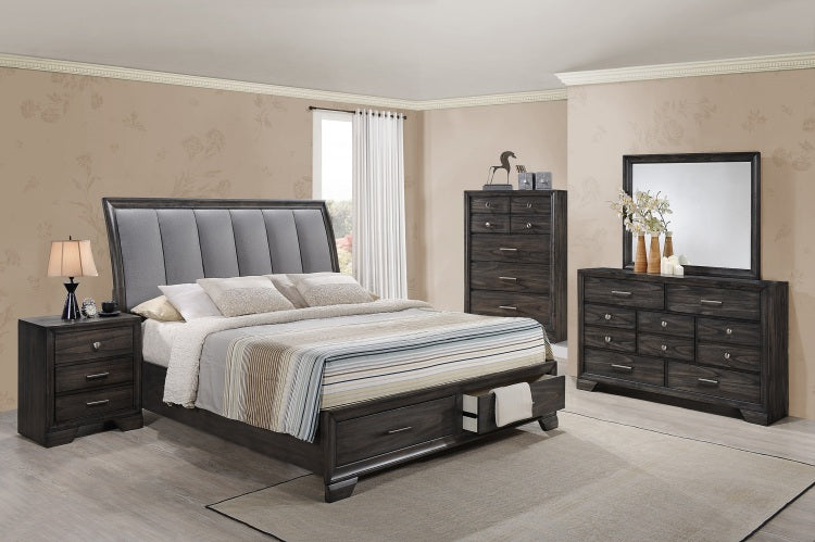 1Pc Contemporary Dark Wood Grain Finish Metal Knobs Two Drawers Nightstand Wooden Gray