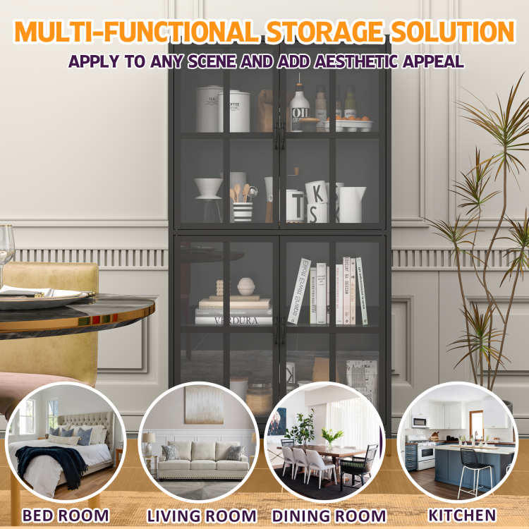 Premium Black Metal Storage Cabinet With Tempered Glass Doors, Adjustable Shelves, Anti Tipping Device, Magnetic Silent Closure, And Adjustable Feet For Home And Office Use