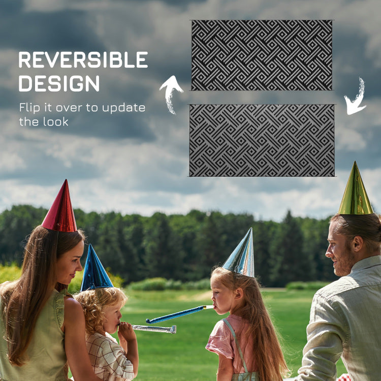Outsunny Reversible Outdoor Rug, 9' X 18' Waterproof Plastic Straw Floor Mat, Portable Rv Camping Carpet With Carry Bag, Large Floor Mat For Backyard, Deck, Picnic, Beach, Black & Gray Geometric
