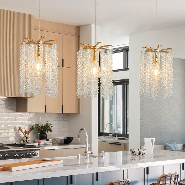 Luxury 3 Pack Crystal Pendant Lights, Elegant Golden Finish Chandelier With Waterfall Bead Design No Bulbs