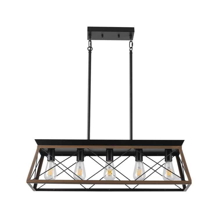 32" Walnut Industrial 5 Light Pendant Chandelier, Modern Metal Cage Design, Adjustable Hanging Light For Dining Room, Kitchen, Living Room No Bulbs