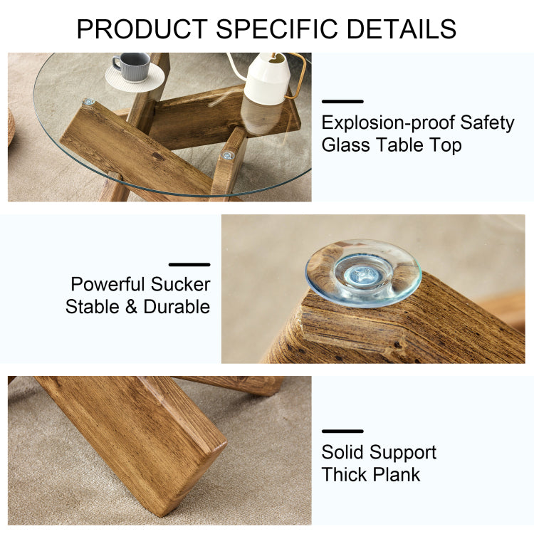 Circular Glass Coffee Table, 33.4 Inch Modern And Distinctive Design Tea Table. Tempered Glass Countertop, Wood Colored Mdf Table Legs. Suitable For Living Rooms And Farmhouses