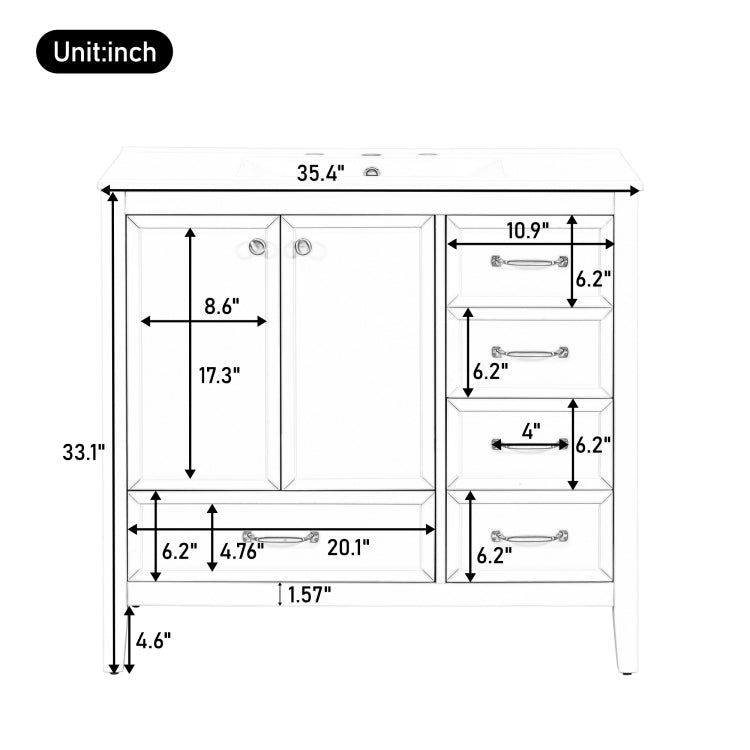 36" Bathroom Vanity With Sink, Bathroom Cabinet With Soft Closing Door, 4 Drawers Of Different Sizes, Solid Wood Frame And Leg, One Package, Blue