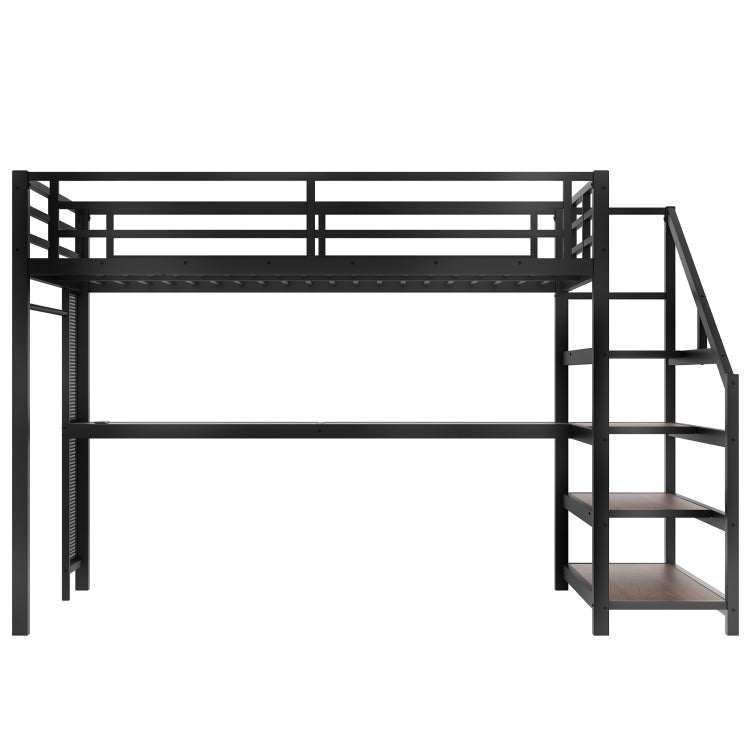 Queen Loft Bed With Desk And Storage Stairs, Metal Loft Beds With Led Lights, Usb Ports, Multifunctional Iron Nets, No Spring Box Needed And Noise Free, Black