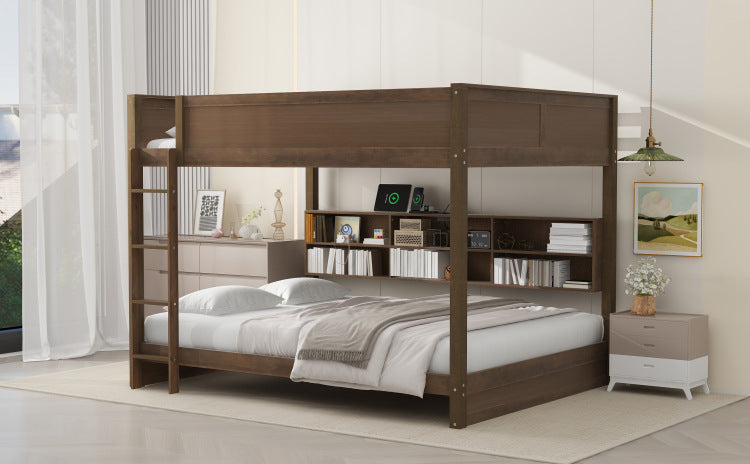 Queen Over Queen Bunk Bed With Storage Cabinets And Usb Ports, Antique Wood Color